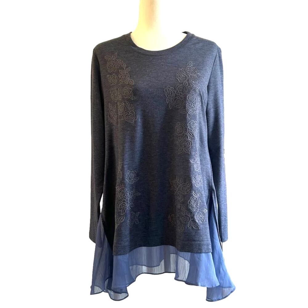LOGO Lounge Blue Tunic Top Blue Applique Sheer Hem M